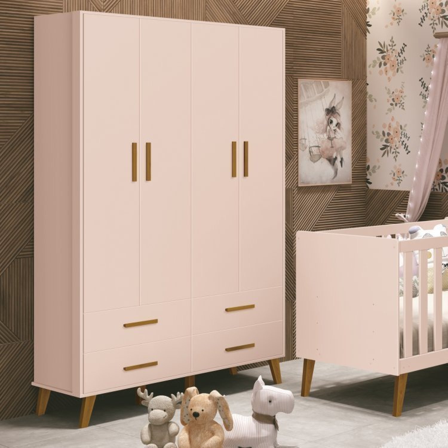 Quarto para Bebê Completo Berço Retrô com Cômoda e Guarda Roupa 4 Portas Ayla  - 16