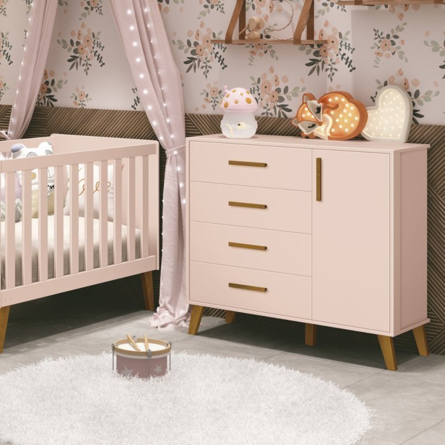 Quarto para Bebê Completo Berço Retrô com Cômoda e Guarda Roupa 4 Portas Ayla  - 13