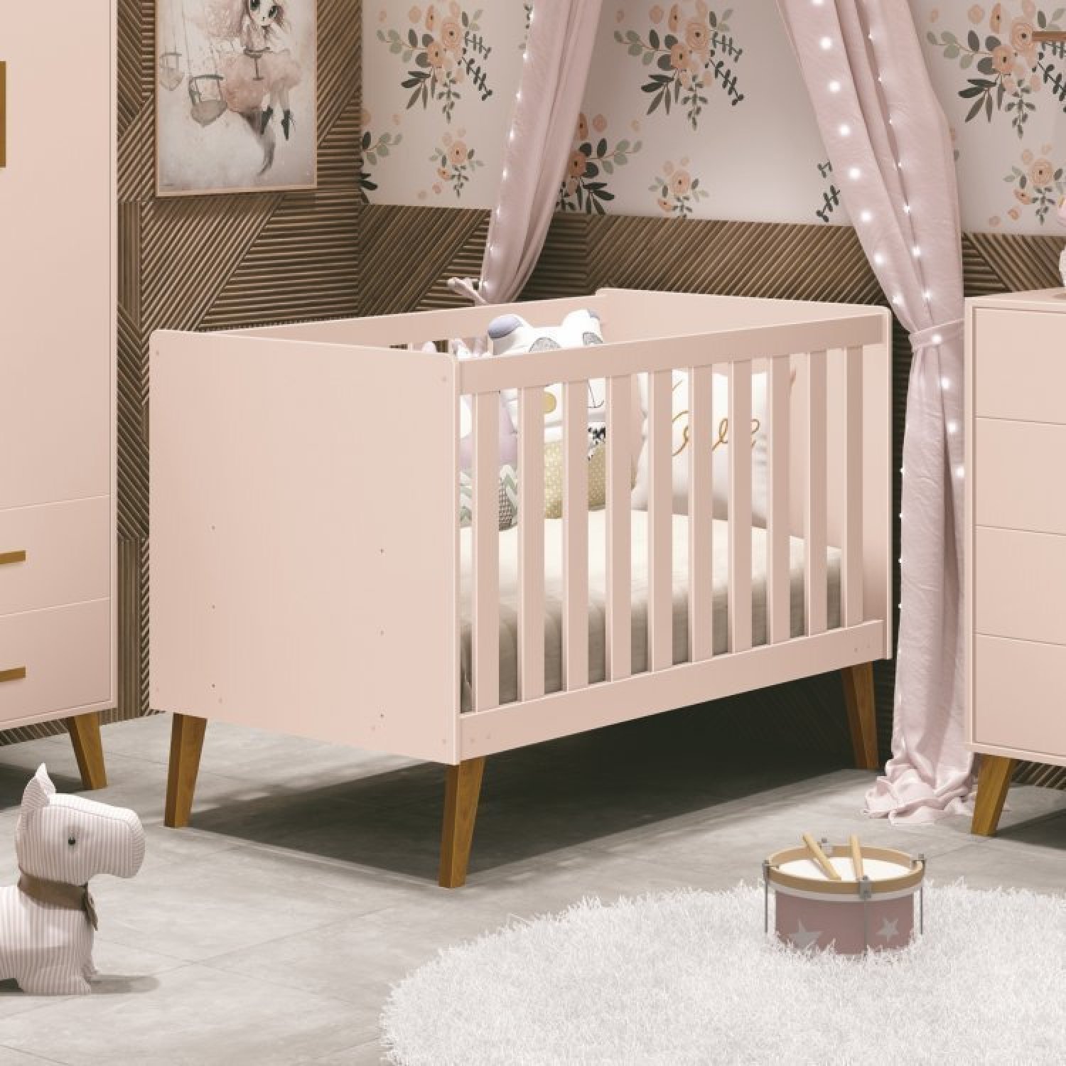 Quarto para Bebê Completo Berço Retrô com Cômoda e Guarda Roupa 4 Portas Ayla  - 4