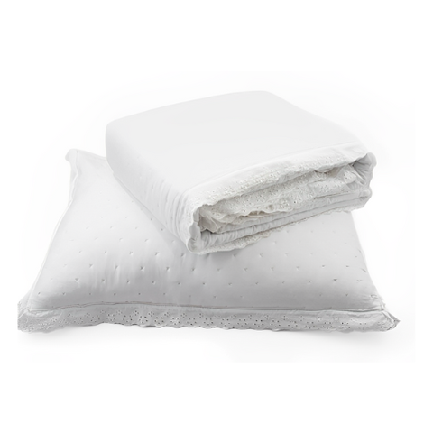 Kit Colcha Amelie Branco 3 Peças C/ Toque de Algodão Bordado Inglês