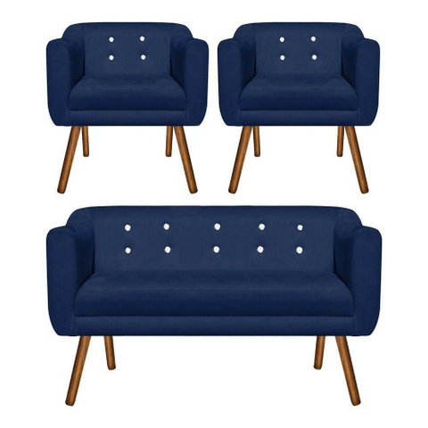 Kit Sofá 02 Lugares e 02 Poltronas Julia Azul com Strass