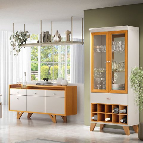 Conjunto Cristaleira e Buffet Aparador Decorativo Ópera/sollare Off White/cinamomo G26 - Hb Móveis