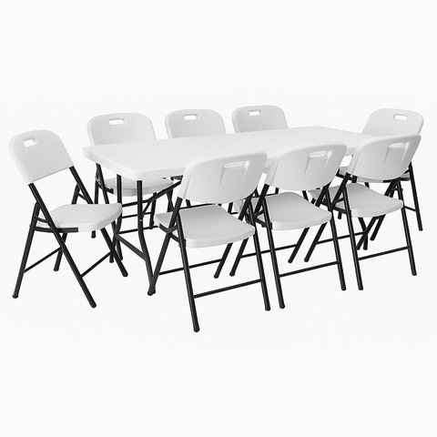 Kit 08 Cadeiras Dobráveis Max Branca com Estrutura Preta e 01 Mesa Dobrável 2m Branca