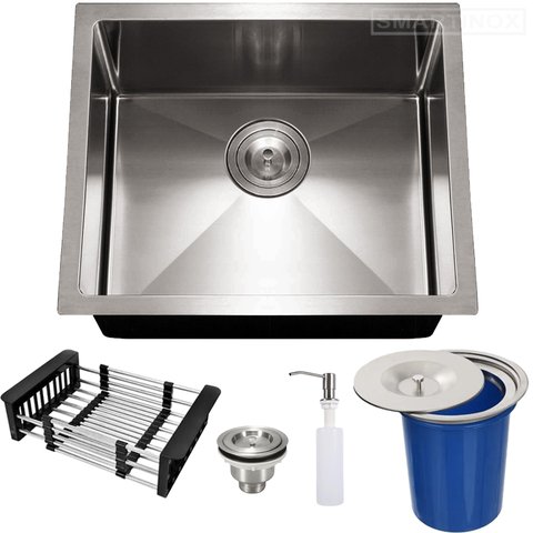 Cuba Inox 304 Quadrada Gourmet Plana Cozinha 500x400 com Lixeira 5l e Acessórios Eurocubas Sq500