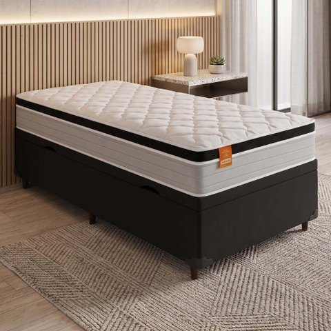 Cama Box Baú Solteiro Colchão Molas Ensacadas Real 88x188x68cm Preto / Cinza - Suporta até 130kg