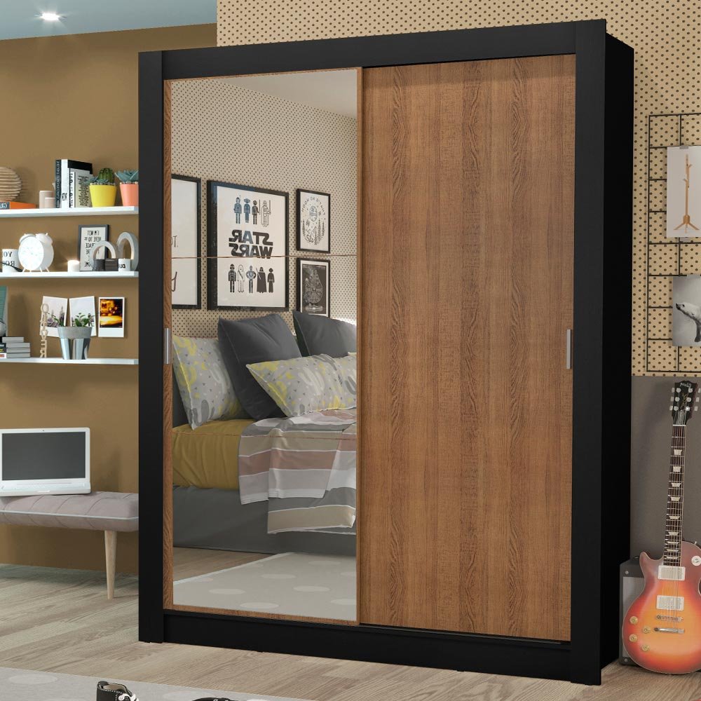 Guarda-Roupa Solteiro Madesa Dallas Plus 2 Portas de Correr com Espelho 4 Gavetas Preto/Rustic Cor:P