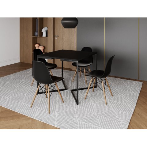 Mesa Industrial Base Ferro Preto em V Tampo 90x90 Preto 4 Cadeiras Eames Madeira Assento Preto