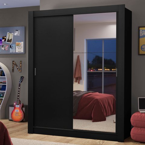 Guarda-Roupa Solteiro Madesa Dallas 2 Portas de Correr com Espelho 2 Gavetas Preto Cor:Preto