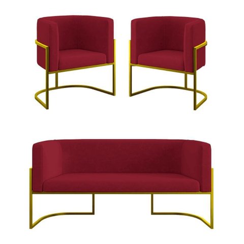 Kit 2 Poltronas + Sofá 2 Lugares Base de Metal Gold Balaqui Marsala