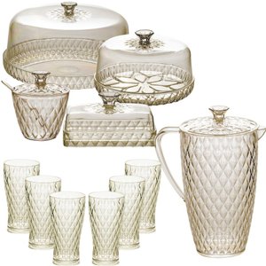 Kit Boleira Baixa, Queijeira, Açucareiro, Manteigueira, Jarra e 6 Copos de Plástico Cristal Âmbar Pl