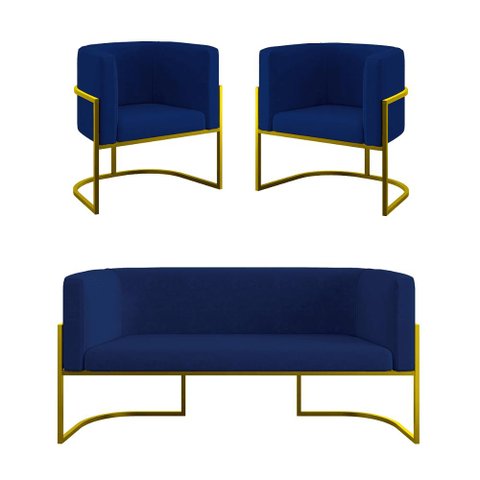 Kit 2 Poltronas + Sofá 2 Lugares para Recepção – Balaqui Cor:azul Marinho