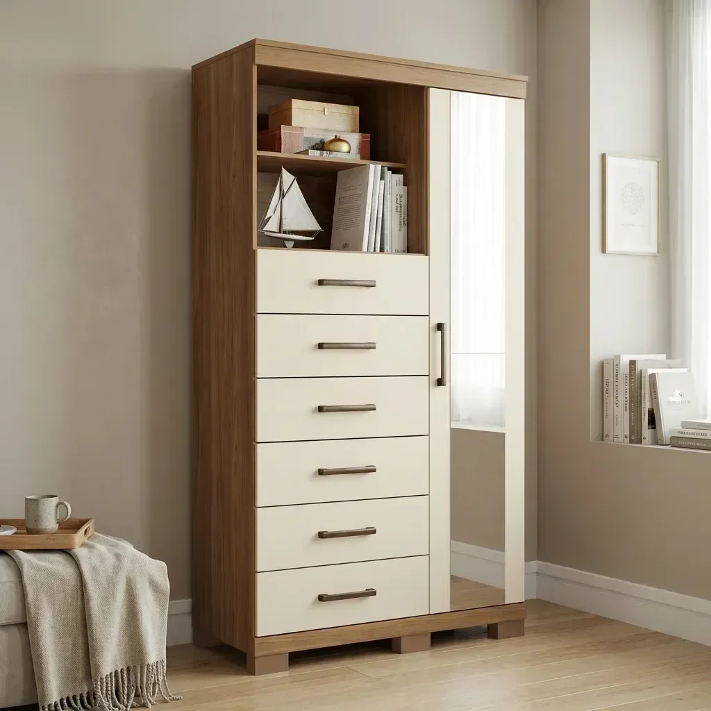 Cômoda Sapateira Multiuso 6 Gavetas 1 Porta com Espelho e Pés Marabá Jatobá/Areia Marrom/Jatoba