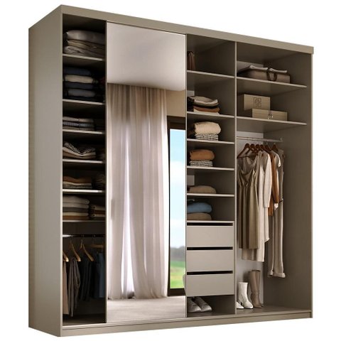 Closet Casal 1 Porta de Correr com Espelho 3 Gavetas 208cm Mdf Sonni R02 Bege - Lyam Decor