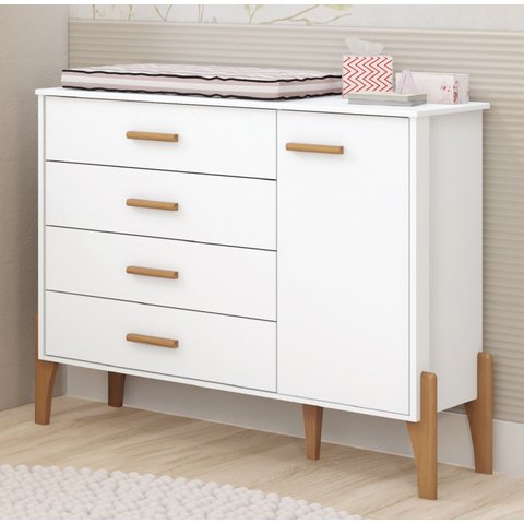 Comoda Infantil Quarto de Bebê Iris Retro - Pés de Madeira:branco