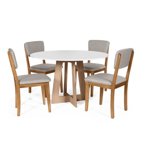 Mesa de Jantar Redonda Montreal Bran/jade com 4 Cadeiras Estofadas Ella Cinza Claro