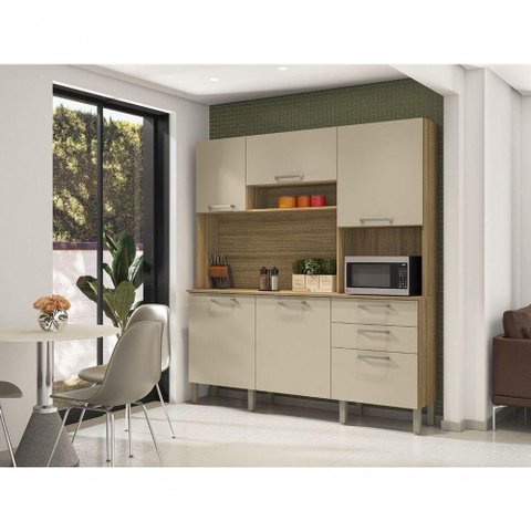 Armario de Cozinha Compacto com Nicho 6 Portas 2 Gavetas Ferrara Freijo Vanilla
