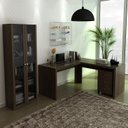 Ver imagem 1 de Kit 3 Peças com Escrivaninha em L, Gaveteiro e Armário Multiuso com Vidro