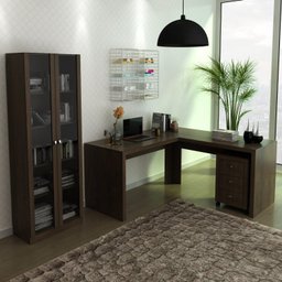 Kit 3 Peças com Escrivaninha em L, Gaveteiro e Armário Multiuso com Vidro - 1