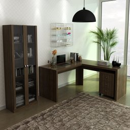 Kit 3 Peças com Escrivaninha em L, Gaveteiro e Armário Multiuso com Vidro - 1