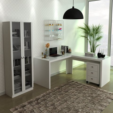 Conjunto 3 Peças com Escrivaninha em L, Gaveteiro e Armário Multiuso com Vidro Branco