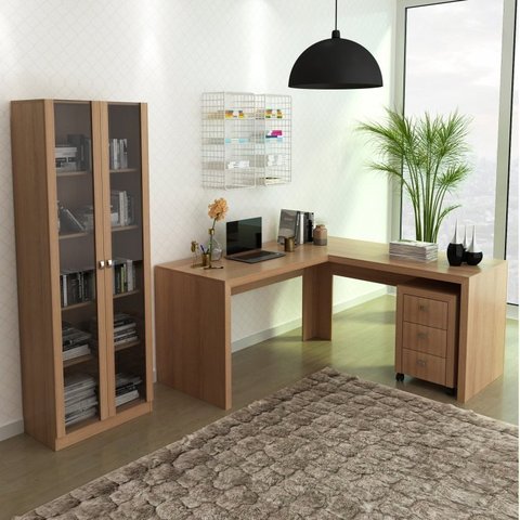 Conjunto 3 Peças com Escrivaninha em L, Gaveteiro e Armário Multiuso com Vidro Amendoa