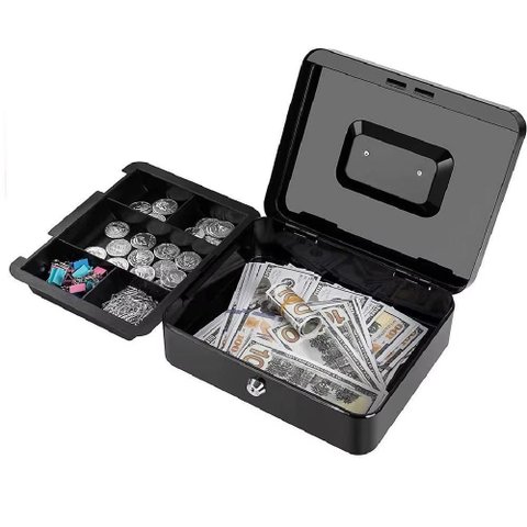 Cofre Metal Portatil Chave 20cm Porta Documentos Dinheiro Joias Cash Box Organizador Maleta