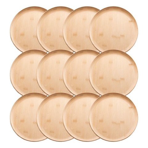 Jogo 12 Prato Raso de Bambu Natural Ecológico Pratinho Madeira Lyor 27cm
