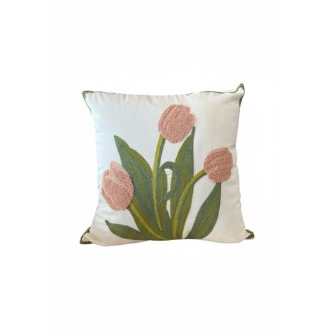 Capa de Almofada em Algodão Branco Bordada Tulipa Rosa
