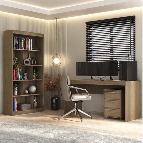 Conjunto 3 Peças Escrivaninha 150cm com Gaveteiro e Estante Espresso Móveis Avelã Tx Marrom