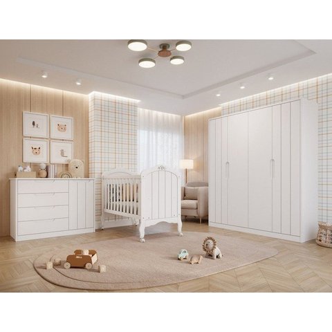 Quarto de Bebê 1 Berço Alegria 1 Cômoda 1 Guarda Roupa 4 Portas 4 Gavetas Espresso Móveis Branco