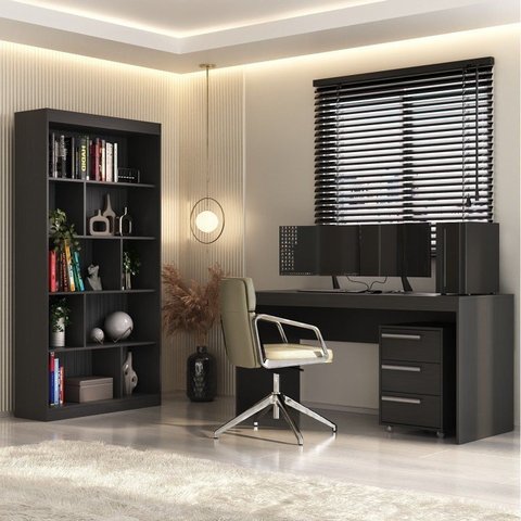 Conjunto 3 Peças Escrivaninha 150cm com Gaveteiro e Estante Espresso Móveis Ônix Tx Preto