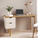 Ver imagem 1 de Escrivaninha com Gavetas Home Office 1,36m x 0,50m Orgânica Cantos Arredondados e Pés em Madeira