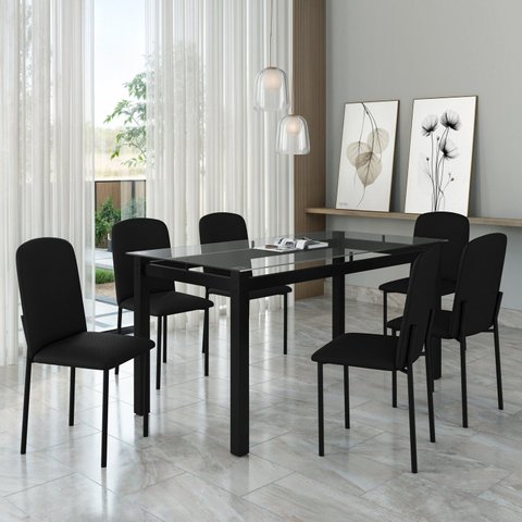 Mesa Tokio 160cm x 80cm Tampo de Vidro com 6 Cadeiras Classic Preto