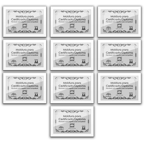 Kit 10 Certificados Diplomas A4 com Tela de Acetato e MDF - Moldura Branca