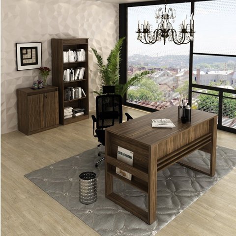 Conjunto 3 Peças Mesa para Escritório 127cm, Armário Multiuso e Estante Espresso Móveis Nogal