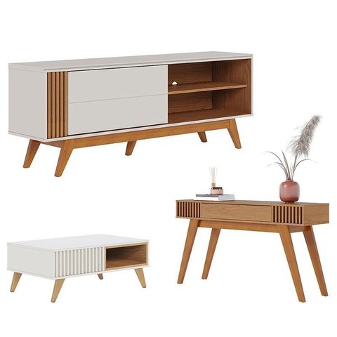 Rack Bancada Otawa com Mesa de Centro Jeri Off White Freijó e Aparador Riviera Freijó – Colibri