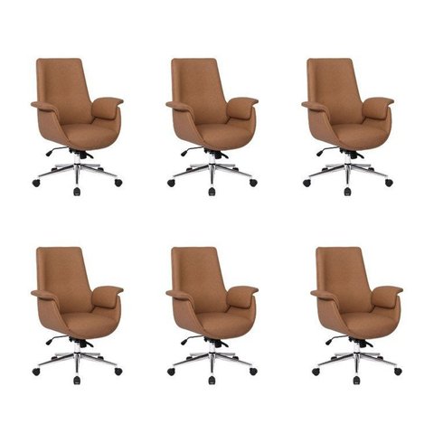 Kit com 6 Cadeiras Office Diretor com Revestimento em Couro e Base em Aço Cromado Valencia Caramelo