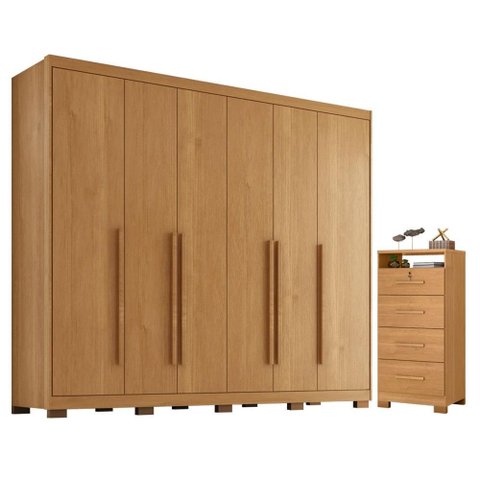 Guarda Roupa Casal Platinium 6 Portas com Cômoda Primordial Max 4 Gavetas Cinamomo Areia Fosco-