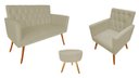 Ver imagem 1 de Kit Namoradeira + 1 Poltrona Decorativa Nina Capitonê + Puff Redondo Couro Bege Pés Madeira Mz Decor