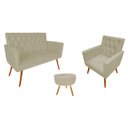 Ver imagem 1 de Kit Namoradeira + 1 Poltrona Decorativa Nina Capitonê + Puff Redondo Couro Bege Pés Madeira Mz Decor