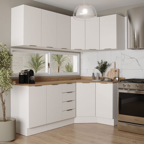 Cozinha Planejada 6 Peças com Tampo 3 Aéreos 6 Portas e 3 Balcões Ipanema CabeCasa MadeiraOriginals Branco