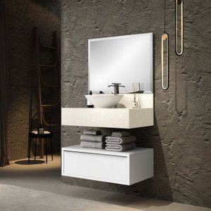 Lavatório em Porcelanato para Banheiro com Cuba Esculpida Gabinete e Espelheira 