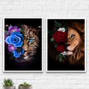 Ver imagem 1 de Kit 2 Quadros Onça E Leão Com Flores 45x34cm:Madeira branca