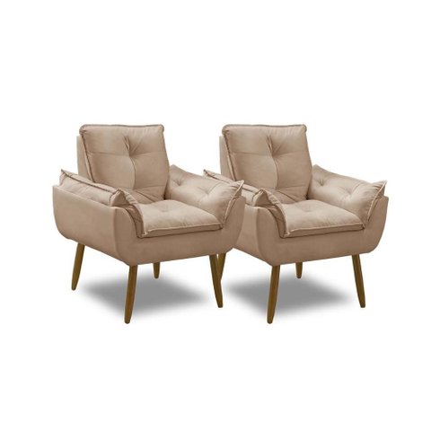 Kit 2 Poltronas para Sala Decorativa Opala Pés Madeira Suede Capuccino Império Decor