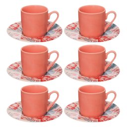Jogo Xícaras e Pires para Café de Porcelana Rosa Hauskraft Hibisco Florido 80ml 12 Peças - 1