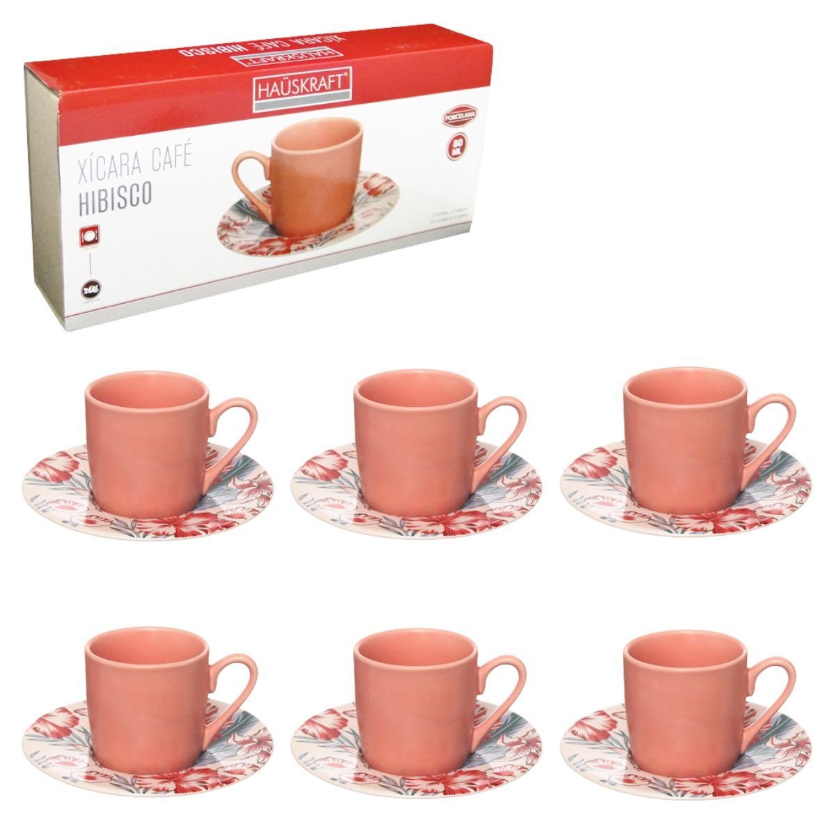 Jogo Xícaras e Pires para Café de Porcelana Rosa Hauskraft Hibisco Florido 80ml 12 Peças - 7