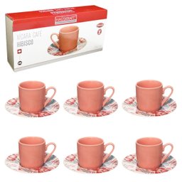 Jogo Xícaras e Pires para Café de Porcelana Rosa Hauskraft Hibisco Florido 80ml 12 Peças - 7