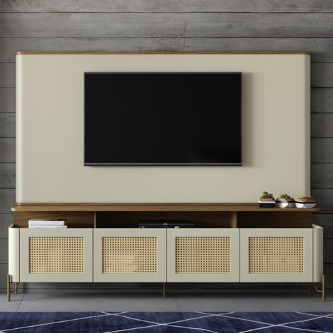 Rack com Painel 220cm Porta Sextava e Pés em Metal 100% Mdf Cor:louro e Luna com Dourado