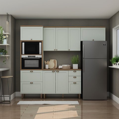 Cozinha Completa Modulada Americana 4 Peças com 4 Gavetas Portas Provençais Verde/Mint