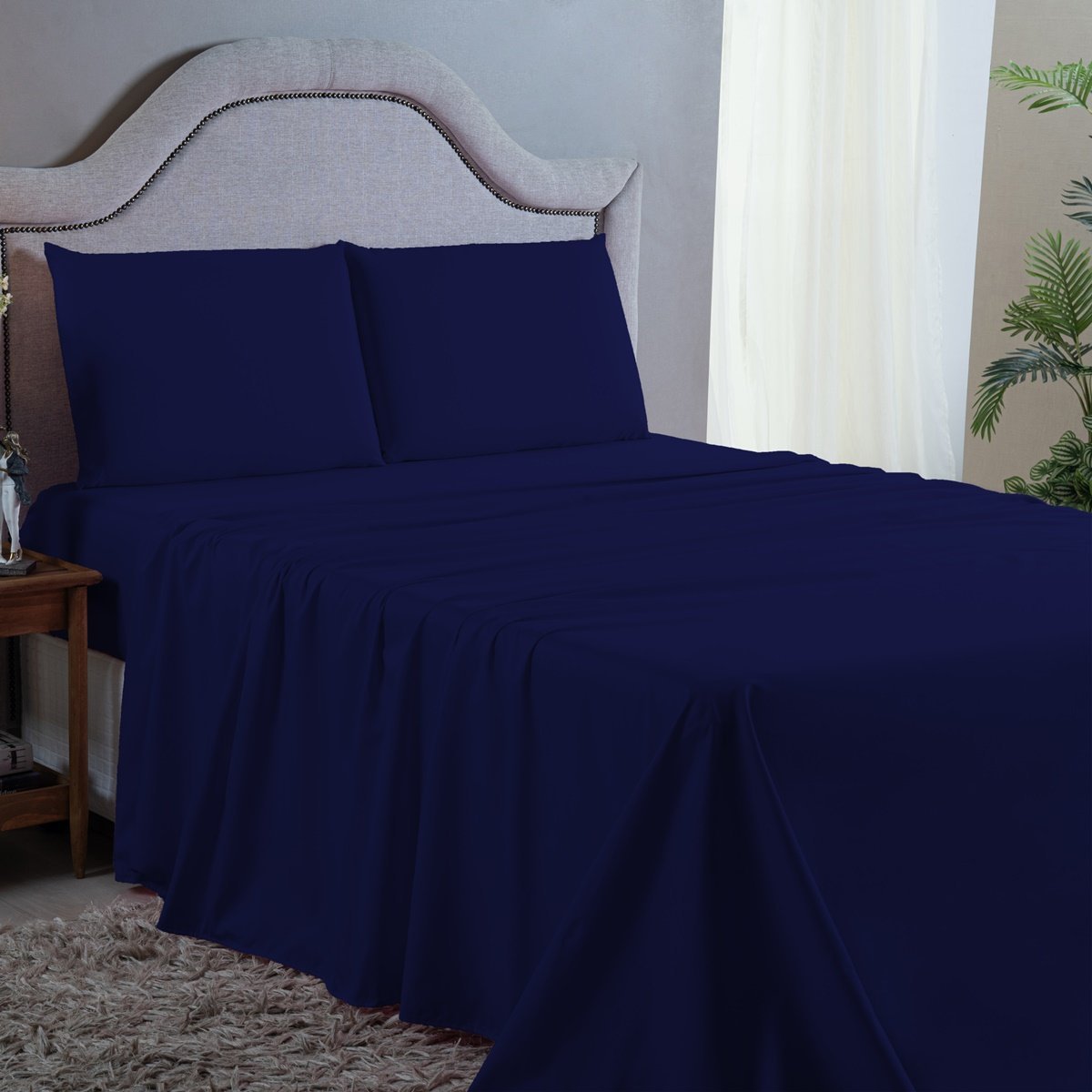 Roupa de Cama King 4 Pç Lençol e Fronhas Premium Percal de Microfibra 400 Fios Liso:azul Escuro - 1